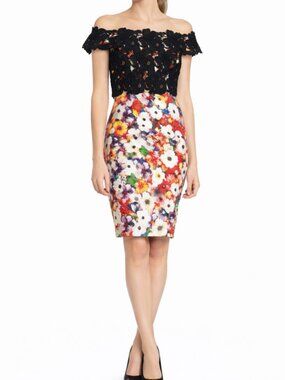 Badgley Mischka 3D Floral Lace Bodice Print Sheath Dress - Size 2